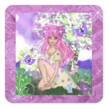 蝶ステッカーで座る少女