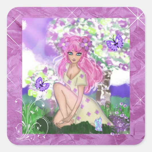 蝶ステッカーで座る少女 スクエアシール (正面)