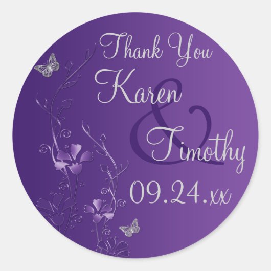 蝶ステッカー付き紫、銀の花2 ラウンドシール (正面)