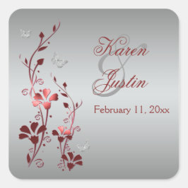 蝶ステッカー付き赤と銀のフローラ スクエアシール