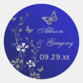 蝶ステッカー付き青と銀のフローラ ラウンドシール