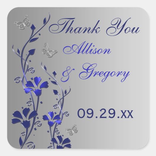 蝶ステッカー付き青、シルバーグレーフローラ スクエアシール (正面)