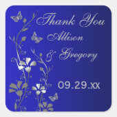 蝶ステッカー付き青、シルバーグレーフローラ スクエアシール (正面)