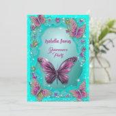 蝶ターコイズパープルスパークルグリッターシック 招待状 (スタンド正面)