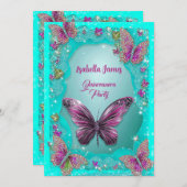 蝶ターコイズパープルスパークルグリッターシック 招待状 (正面/裏面)
