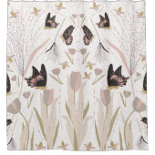 蝶チューリップピンクのパターン シャワーカーテン (正面)