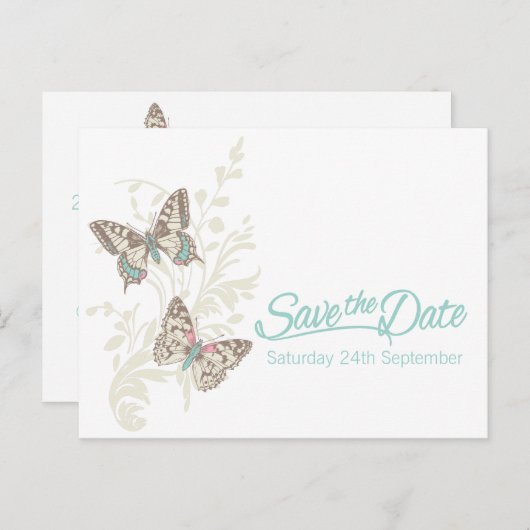 蝶ティール(緑がかった色)ホワイトクリームは日付カードを保存 案内ポストカード (正面/裏面)