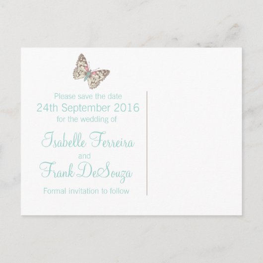 蝶ティール（緑がかった色）ホワイトクリームは日付カードを保存 案内ポストカード (裏面)