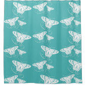 蝶ティール（緑がかった色）及び白色パターン シャワーカーテン (正面)