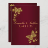 蝶テーマを結婚するバーガンディの金ゴールド 招待状 (正面/裏面)