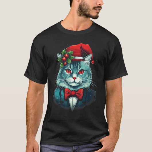 蝶ネクタイとサンタ帽子のクリスマス猫 Tシャツ (正面)