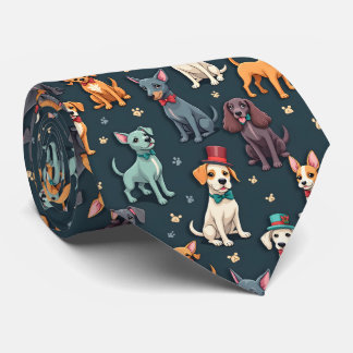 蝶ネクタイとトップハットのパターンのおしゃれな犬たち  ネクタイ