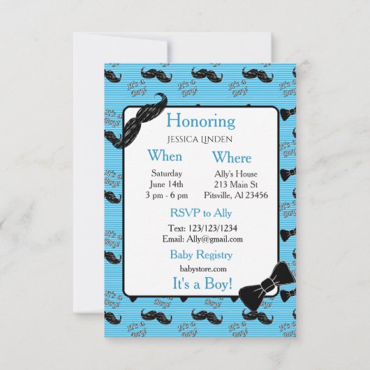 蝶ネクタイと口ひげ赤ちゃんシャワー招待状 招待状 (裏面)