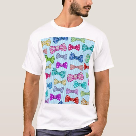蝶ネクタイ、青ストライプい、水色。 Tシャツ (正面)