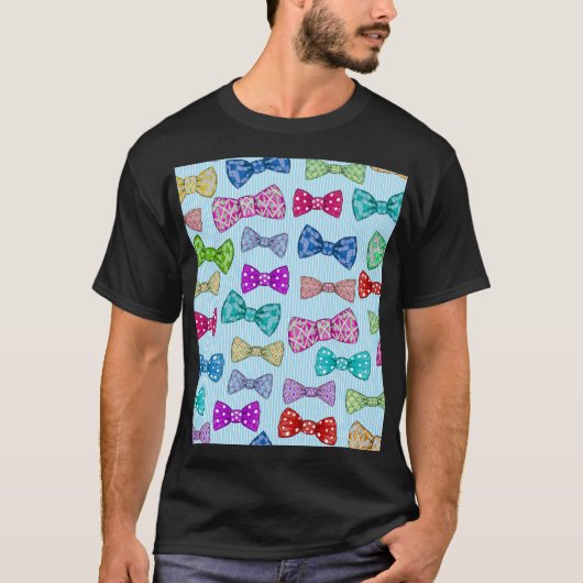蝶ネクタイ、青ストライプい、水色。 Tシャツ (正面)
