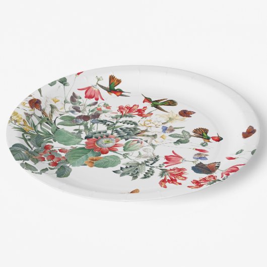 蝶ハチドリの鳥の庭の花のパーティー ペーパープレート (アングル)