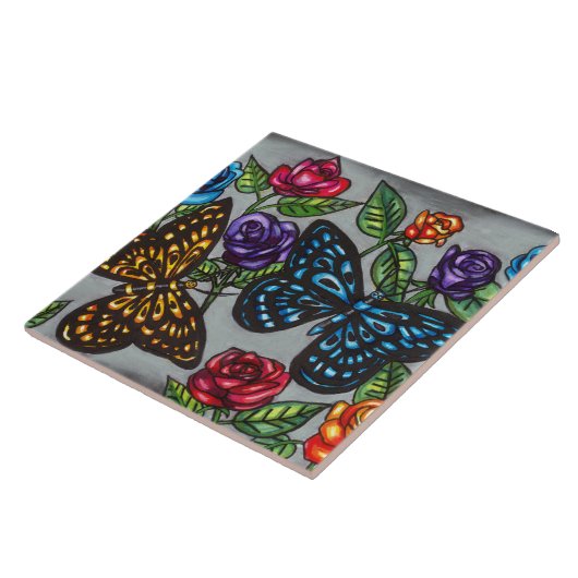 蝶バラ花オリジナル自然スケッチ タイル (側面)