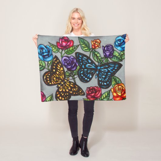 蝶バラ花オリジナル自然スケッチ フリースブランケット (インサイチュ)
