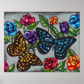 蝶バラ花オリジナル自然スケッチ ポスター (正面)