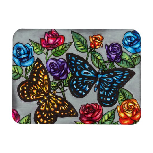 蝶バラ花オリジナル自然スケッチ マグネット (横)