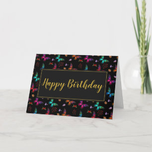 蝶パタカラフルーンオンブラック誕生日 カード