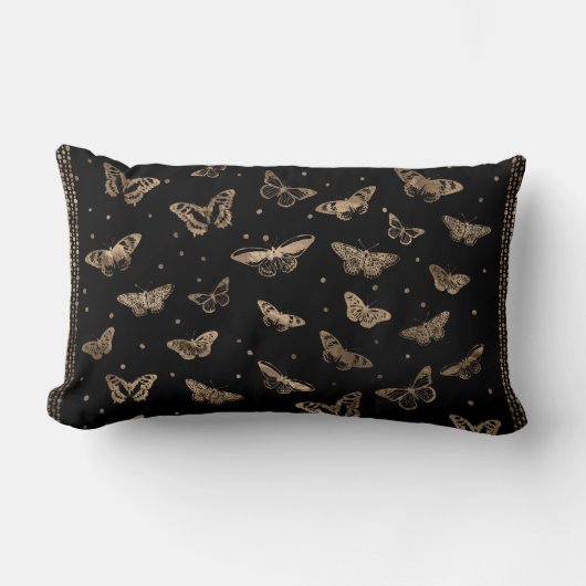 蝶パターン黒および金ゴールド ランバークッション (正面)
