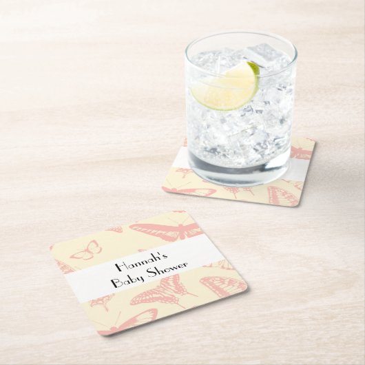 蝶パターン、ピンクの蝶、赤ちゃんシャワー スクエアペーパーコースター (インサイチュ)