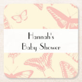 蝶パターン、ピンクの蝶、赤ちゃんシャワー スクエアペーパーコースター (正面)