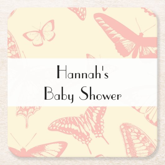 蝶パターン、ピンクの蝶、赤ちゃんシャワー スクエアペーパーコースター (正面)