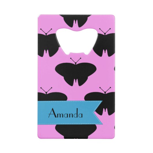 蝶パターン、黒い蝶、あなたの名前 クレジットカード栓抜き (正面)