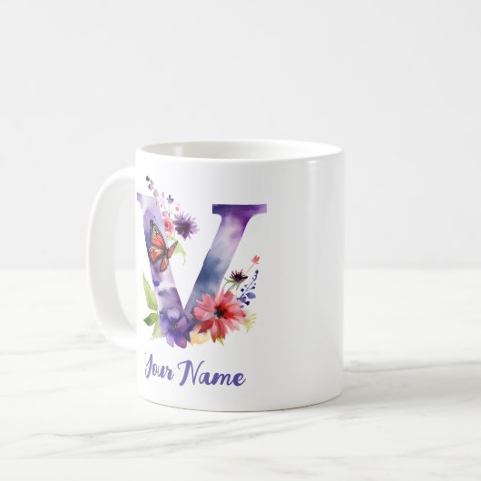 蝶パーソナライズされたと花の文字"V" コーヒーマグカップ (正面左)