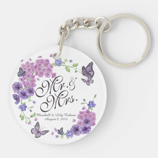 蝶パーソナライズされたフローラの結婚キーチェーン キーホルダー (裏面)
