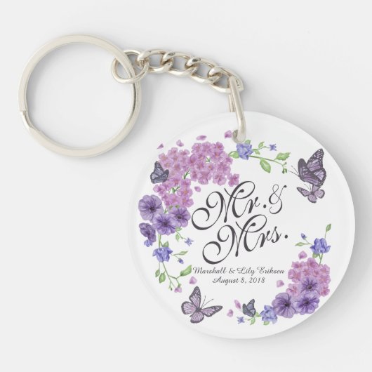 蝶パーソナライズされたフローラの結婚キーチェーン キーホルダー (正面)