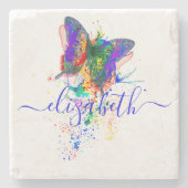 蝶パーソナライズされた（ばちゃばちゃ）跳ねる ストーンコースター (正面)