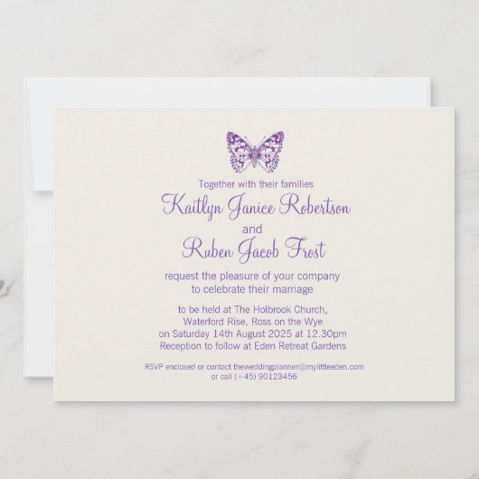 蝶パープルホワイトクリーム結婚式招待状 招待状 (裏面)