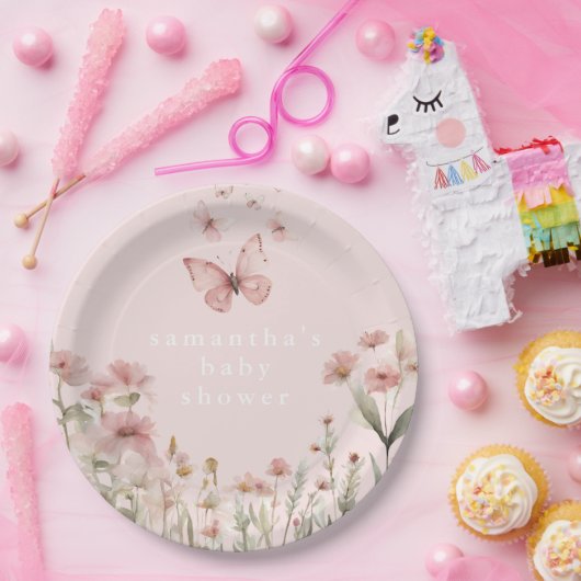 蝶ピンクのフローラ野生の花の女の子の赤ちゃんシャワー ペーパープレート (パーティー)
