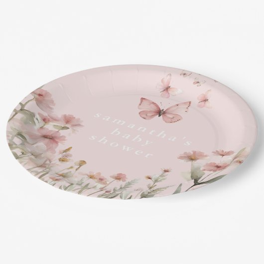 蝶ピンクのフローラ野生の花の女の子の赤ちゃんシャワー ペーパープレート (アングル)