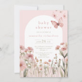 蝶ピンクのフローラ野生の花の女の子の赤ちゃんシャワー 招待状 (正面)
