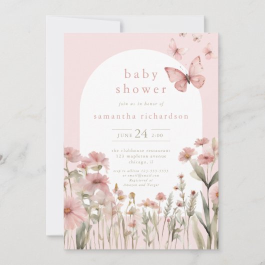 蝶ピンクのフローラ野生の花の女の子の赤ちゃんシャワー 招待状 (正面)