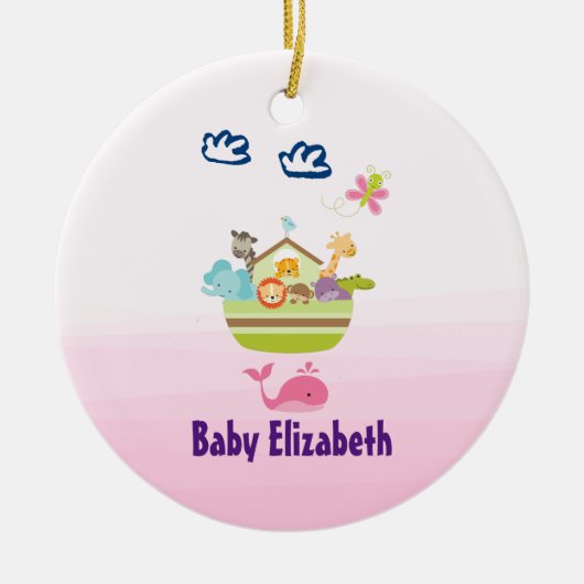 蝶ピンクのベビーでキュートな動物園の動物アーク セラミックオーナメント (正面)
