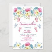 蝶ピンクウォーターカラー花模様誕生日 マグネット招待状 (正面)