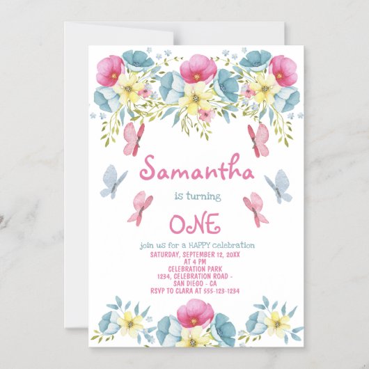 蝶ピンクウォーターカラー花模様誕生日 マグネット招待状 (正面)