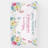 蝶ピンクウォーターカラー花模様誕生日 横断幕 (縦)