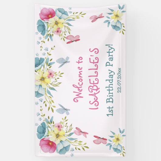 蝶ピンクウォーターカラー花模様誕生日 横断幕 (縦)