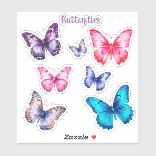 蝶ピンクカラフルブルーパープルサイズ変更 シール (シート)