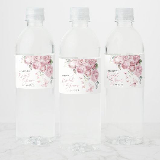 蝶ピンクフローラブライダルシャワーパーティー ペットボトルラベル (ボトル)