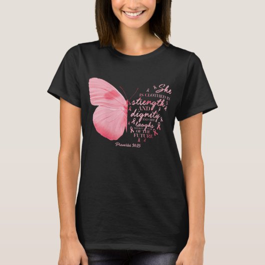 蝶ピンクリボン乳癌の宗教的な女性 Tシャツ (正面)