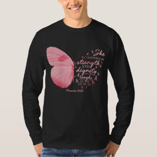 蝶ピンクリボン乳癌の宗教的な女性 Tシャツ