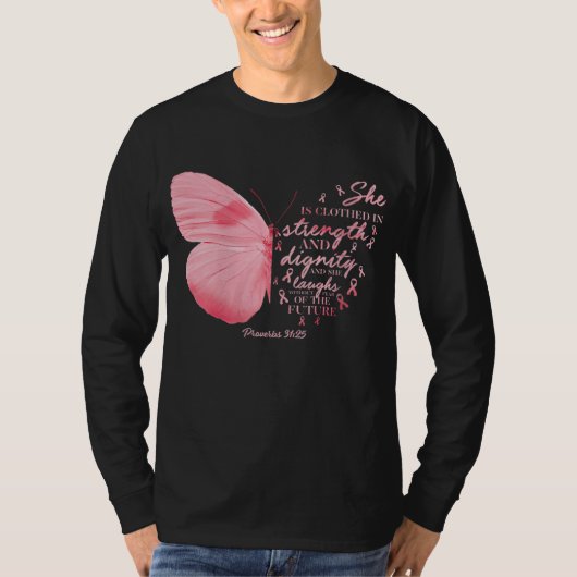 蝶ピンクリボン乳癌の宗教的な女性 Tシャツ (正面)