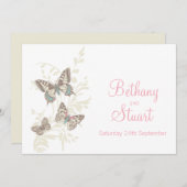 蝶ピンク白クリーム結婚式招待状 招待状 (正面/裏面)